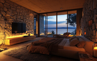 An interior design of the bedroom in a modern style, with stone walls and large windows overlooking Lake Constance, with night lighting.. Created with AI