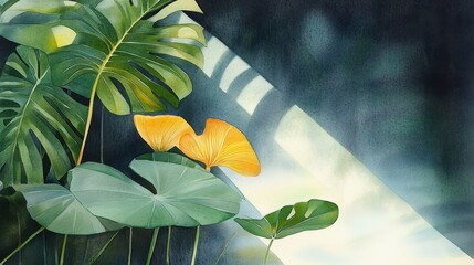 Sunlight Filtering Through Tropical Leaves - A watercolor painting featuring a vibrant green tropical leaf with a striking yellow flower, symbolizing nature, growth, vibrancy, light, and tranquility.