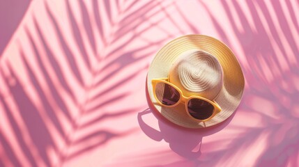 A stylish straw hat and yellow sunglasses lying on a pink surface with shadows of leaves creating an artistic tropical vibe.