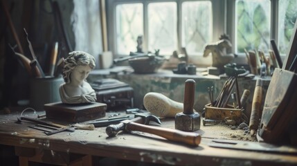 Obraz premium An artisan’s workbench is littered with tools, a partially carved statue, and an air of creativity amidst a naturally lit room.