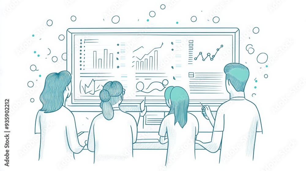Poster team collaboration and data analysis on a large screen - a team of four people are gathered around a