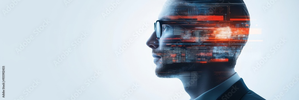 Aufkleber the future of technology: a man's mind overlaid with digital code - a man in profile with his head o