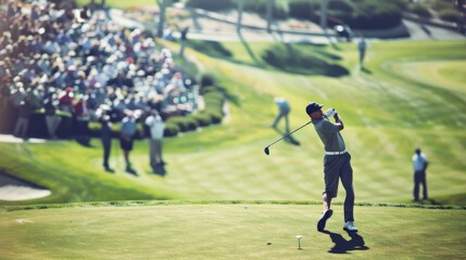 A golfer in mid-swing dominates the scene of a sunny golf course teeming with eager spectators.