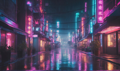 A wet city street is illuminated by neon signs at night