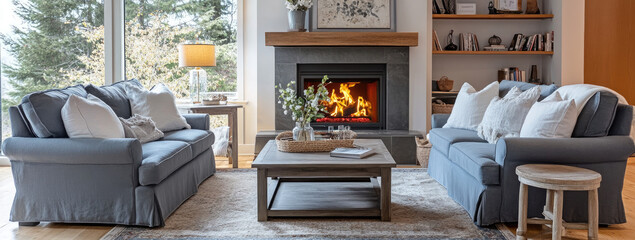 Modern farmhouse living room with two sofas, fireplace, and coffee table. Scandinavian interior design of a modern country home in winter. Created with AI