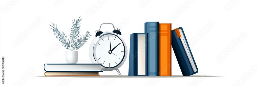 Poster time for knowledge: alarm clock and books on a shelf - an alarm clock and a stack of books symbolize