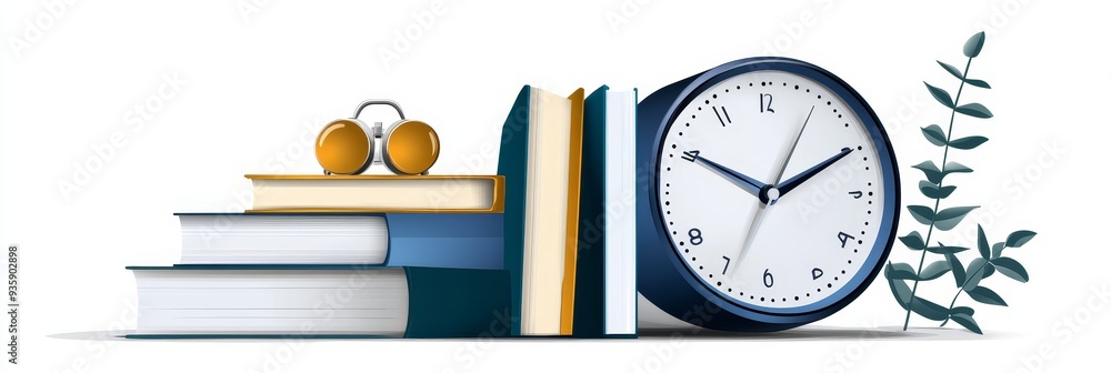 Poster time management and education: a stack of books and a clock with a branch of leaves - a stack of boo