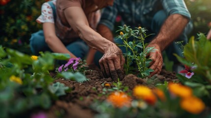 Naklejka premium Family Gardening: The family engages in gardening, planting flowers and veggies, hands covered in soil, relishing the tranquil rhythm and bonding with nature. 