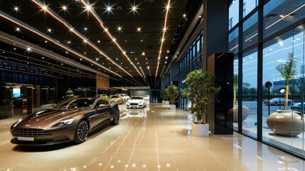 Luxury dealership showroom with high-end cars and elegant lighting. 