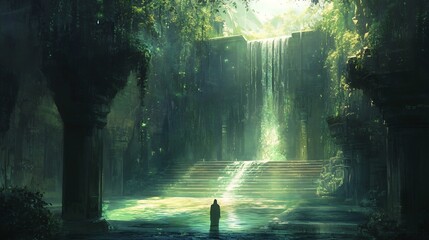A Solitary Figure at the Base of a Lush Waterfall