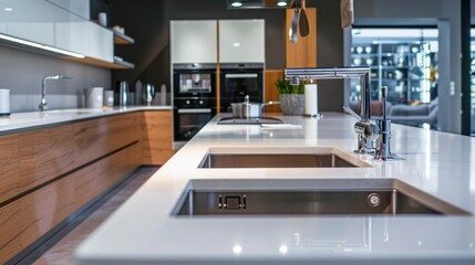 Modern kitchen showroom with sleek countertops and stainless steel appliances.