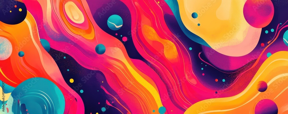 Poster vibrant abstract art with colorful swirls, orbs, and fluid shapes creating a dynamic, energetic comp
