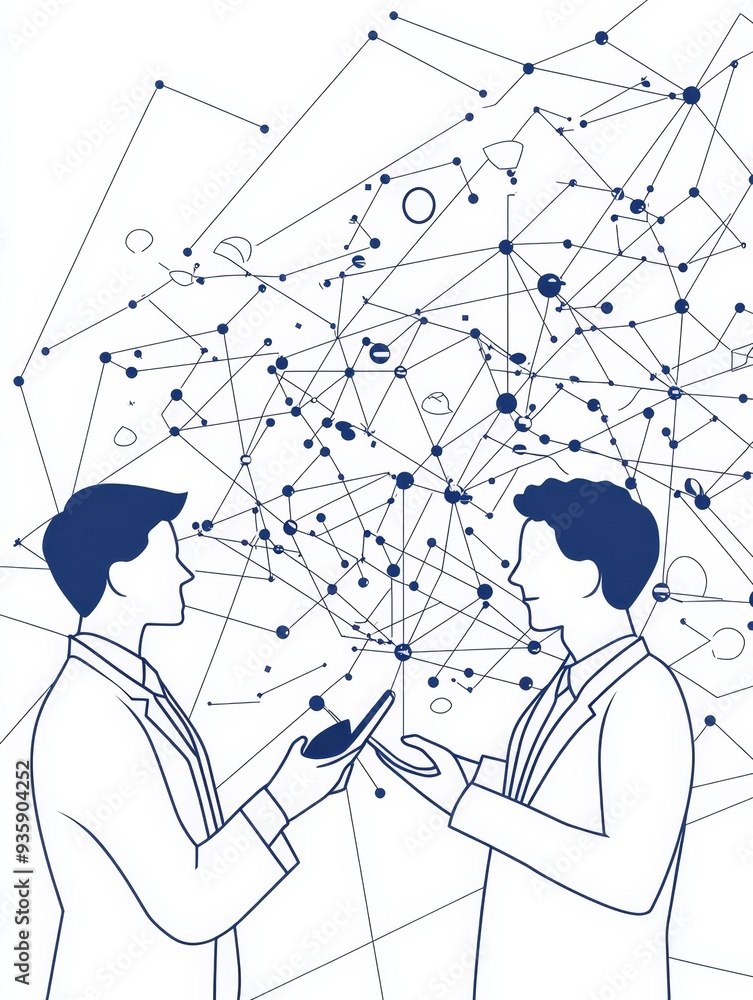 Poster two businessmen discussing a digital network - two businessmen are standing in front of a complex di