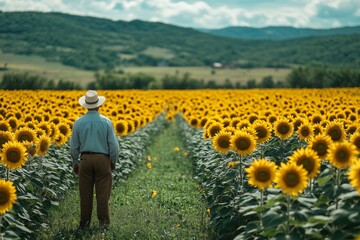A person stands among vibrant sunflowers in a rural field on a sunny day in summer © fotofabrika