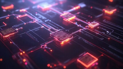 Obraz premium Abstract glowing red circuit board with lines and glowing squares.
