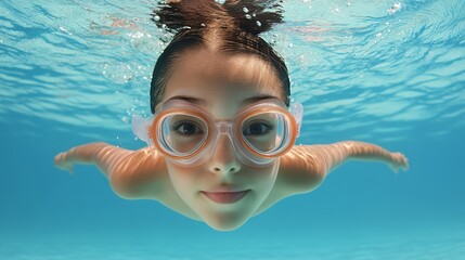 Fototapeta premium Underwater Fun: Young Girl Swimming in Pool with Goggles - A young girl swims underwater in a pool, wearing goggles, showcasing fun, carefree childhood, aquatic activities, summer, and water sports.