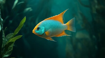 Vibrant Blue and Orange Fish Swimming in Aquarium - A single blue and orange fish swims through a freshwater aquarium, its fins outstretched, symbolizing freedom, movement, and the beauty of aquatic l