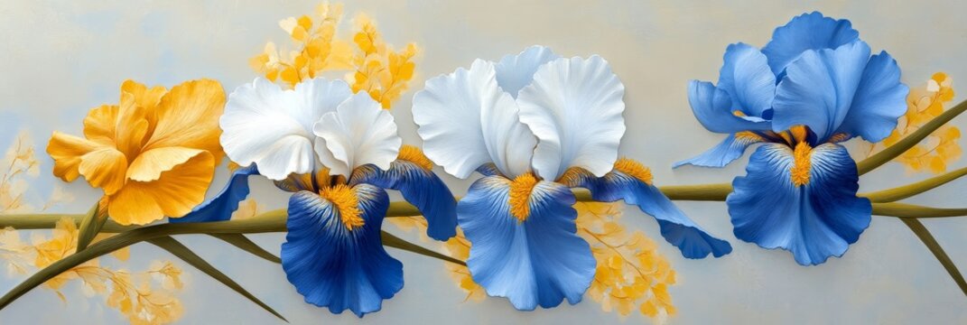 Vibrant Blue and White Iris Flowers on a Branch - A close-up of three iris flowers, two blue and one white, with yellow accents. The flowers are arranged on a branch, suggesting growth and natural bea