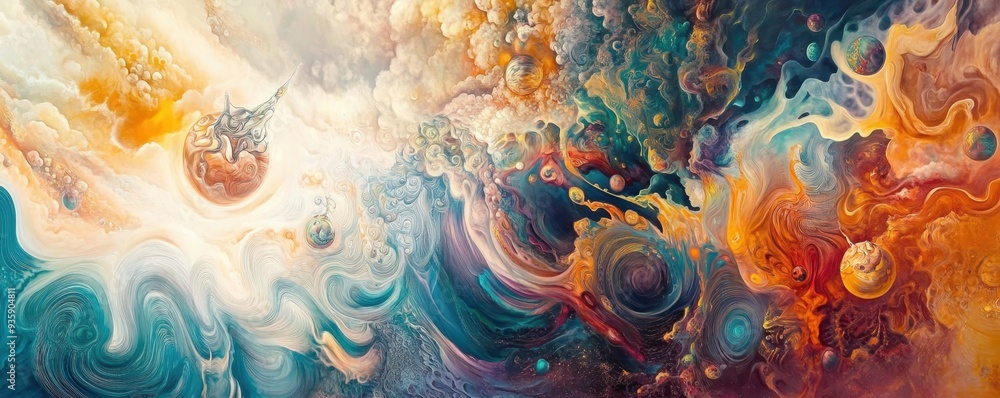 Poster vibrant abstract painting with swirling colors and dynamic patterns creating a sense of cosmic energ