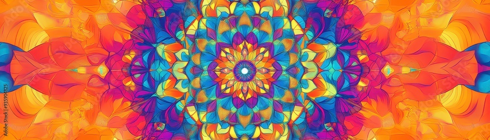 Poster vibrant abstract kaleidoscope pattern with bright colors and intricate symmetrical design, perfect f