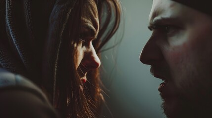 A close-up of a tense confrontation between two people, their expressions revealing intense emotions, set against a dark and dramatic background.