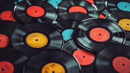 Vintage Vinyl Records Collection - Music Nostalgia - A close-up shot of a stack of vintage vinyl records, symbolizing music, nostalgia, retro, analog, and sound.