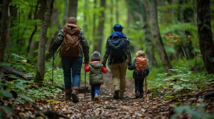 Family Hike: Hiking through a forest trail, the family carries backpacks and walking sticks, enjoying the crisp air, the sounds of birds, and the beauty of nature.
