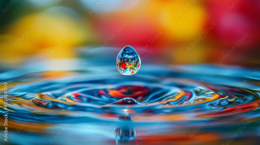 Poster water drop splashing in colorful background - a single water drop falls into a still pool of water, 