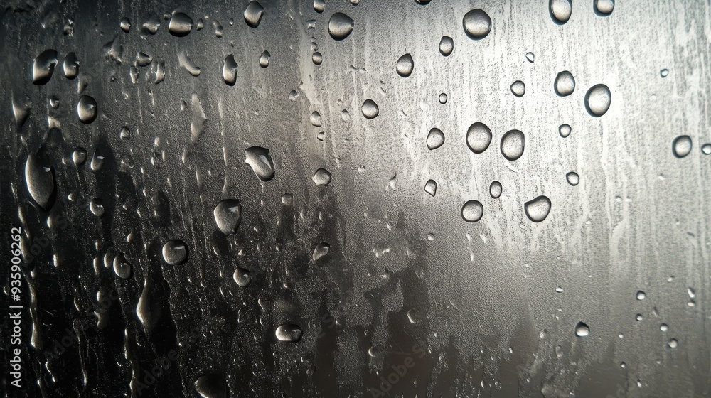 Poster water droplets on a silver surface - abstract texture - abstract background with water droplets on a