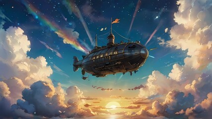 ゲーム背景　夜明けの青空の中を進むスチームパンクなレトロデザイン飛空艇