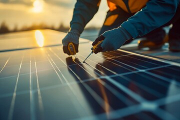 A technician's hands are skillfully connecting cables on a solar panel roof during sunset, emphasizing the importance of solar energy in modern construction