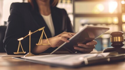 A person in a formal suit uses a tablet at a desk adorned with a scale, gavel, and documents, indicating a legal or judicial environment.