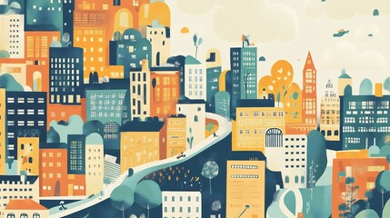 A Cityscape with Buildings, Trees, and a Winding Road