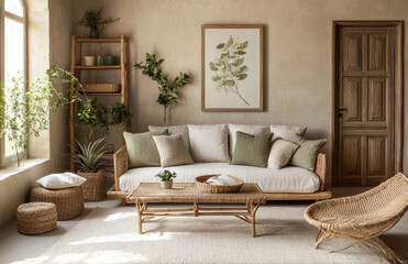 A rustic living room with an olive green and beige color scheme, featuring wooden furniture. Created with AI
