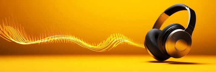 Fototapeta premium Wireless Headphones with Sound Waves on Yellow Background - A pair of sleek wireless headphones with a silver accent, resting on a vibrant yellow background, symbolizing audio technology, music, soun