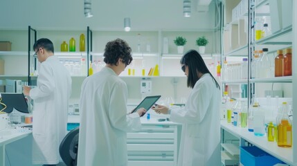 Laboratory scene with scientists engaged in various experiments, surrounded by cutting-edge equipment, chemicals, and well-organized workspaces.