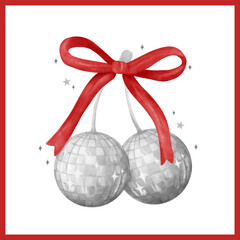 Trendy Groovy Disco Ball Cherries Coquette Watercolor with Red Ribbon Retro Style
