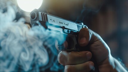 Close-up of a hand gripping a pistol with smoke emanating from the barrel, illuminated by a light source in the background.
