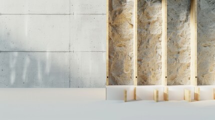 Insulation installed between wooden framing in a building under construction, showcasing homebuilding techniques and sustainable materials.
