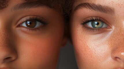 Fototapeta premium Two women stand side by side, highlighting the detail in their eyes and skin tones, emphasizing diversity and beauty.