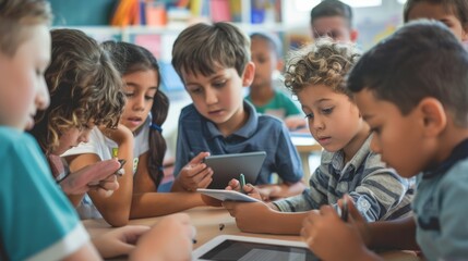 A group of young children seated around a table, engaged in a collaborative activity with enthusiasm and focus in a classroom setting.
