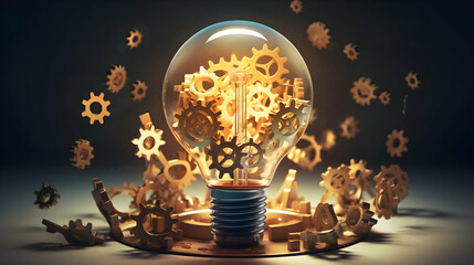 A surreal image of a lightbulb surrounded by floating elements like puzzle pieces,