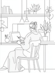 Woman Working from Home at Desk with Laptop and Plants - The image depicts a woman sitting at a desk in a home office, working on a laptop. She is surrounded by plants, symbolizing a connection to nat