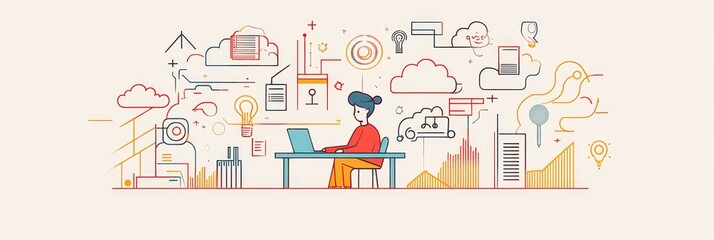 Woman working on laptop with many icons around her - A woman sitting at a desk working on a laptop with many icons surrounding her, symbolizing technology, business, innovation, connection, and produc