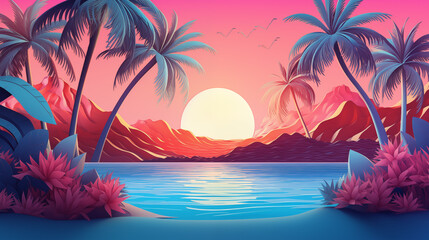 Illustration of a beautiful landscape. Island with palm trees overlooking the lagoon at sunset.
