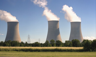 Three cooling towers emit steam into the air on a sunny day