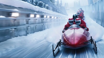 Teams race down an icy bobsled track, navigating high speeds and tight turns in a spirited competition.
