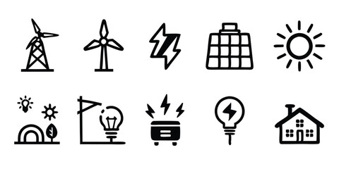 Design a set of line style web icons that illustrate renewable energy sources.