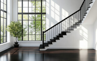 Black iron handrail, white walls, and a black wood floor in a modern house interior with a staircase. A large window on the side of the wall with a green tree outside. Created with AI