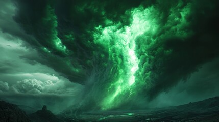 A dramatic green storm cloud formation over a desolate landscape.